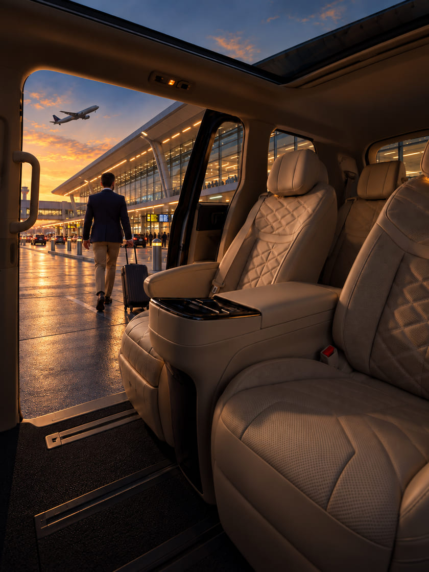 The open sliding door of an XPENG X9 at an airport terminal at sunset, quilted captain's chairs inside